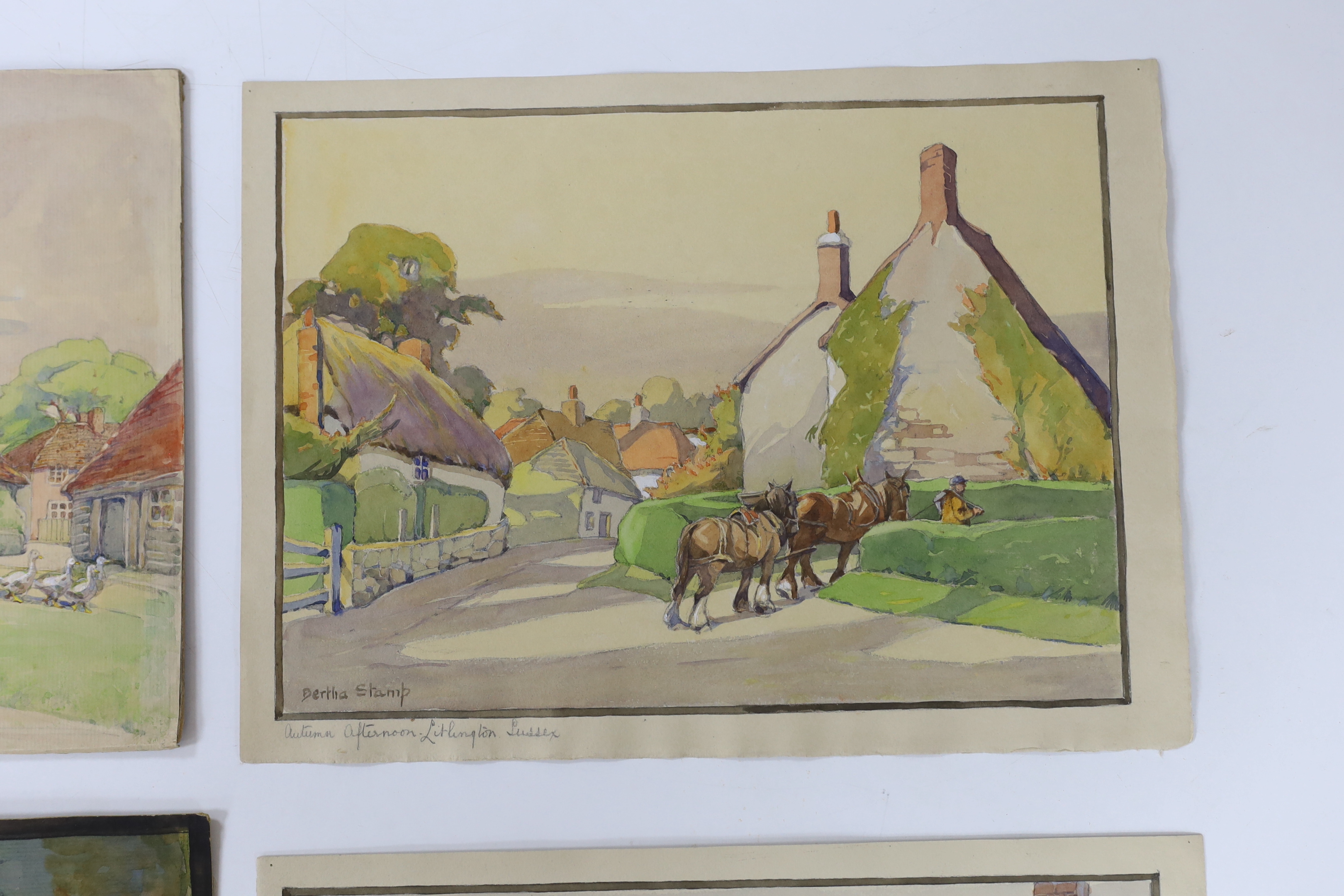 Bertha Stamp, four watercolours, English village scenes,' Autumn afternoon, Litlington, Sussex', 'An old corner in Shropshire', 'Denton, Kent' and 'Staplehurst, Kent', each signed, largest 42 x 35cm, unframed